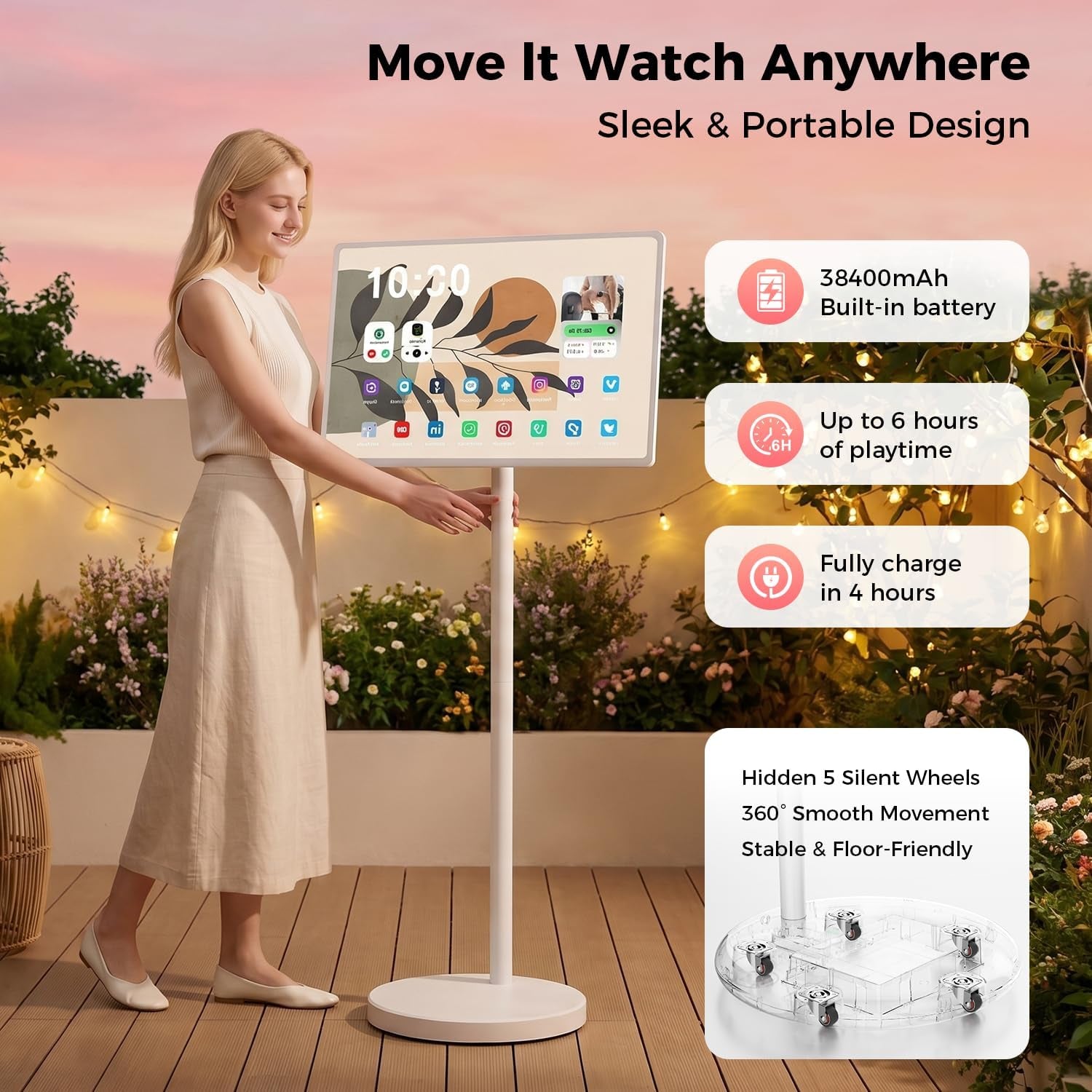 32 Inch Smart Portable TV, FHD Touch Screen Rolling Monitor on Wheels, Android 15 8GB +128GB, Wireless Tablet Display with Camera, 20W Speaker, Edla-Certified 38,400 Mah Battery Voice Airmouse Remote