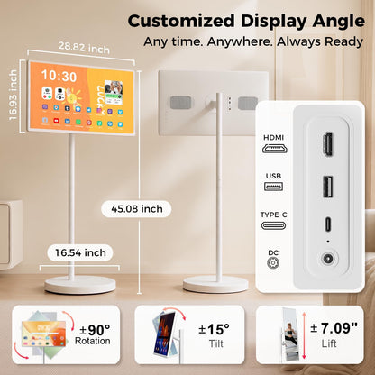 32 Inch Smart Portable TV, FHD Touch Screen Rolling Monitor on Wheels, Android 15 8GB +128GB, Wireless Tablet Display with Camera, 20W Speaker, Edla-Certified 38,400 Mah Battery Voice Airmouse Remote
