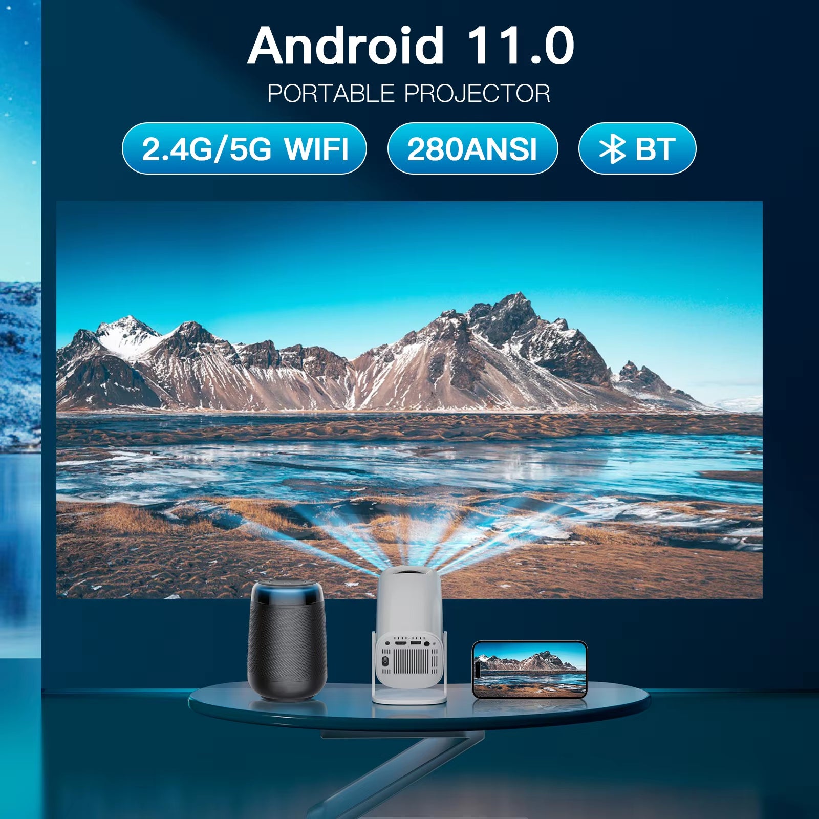 Android 11 Projector 720P Smart Mini Portable Projector with Wifi6 Bluetooth Home Theater Outdoor Portable Projector